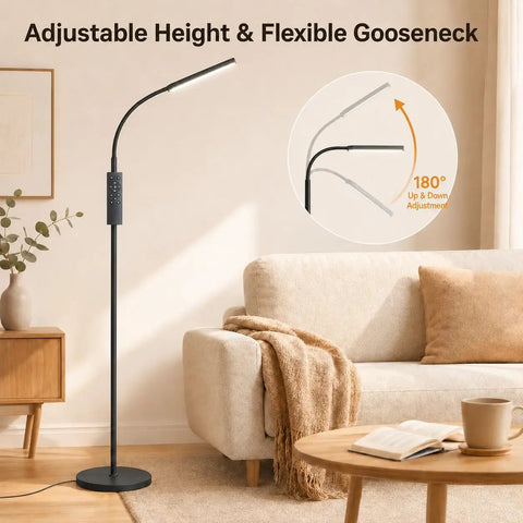 Lit LED Floor Lamp With Stepless Dimming And 3000K To 6000K Color Range in living room showing flexible gooseneck adjustment