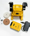 Super Cordless Bench Grinder With 20V Max Battery For Tough Grinding And Polishing Tasks, yellow grinder with dual wheels and accessories.