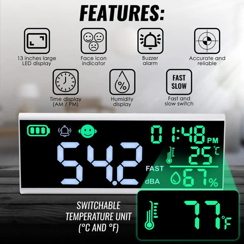 13 Inch Large LCD Decibel Meter With Alarm, 30 To 130dB Range, Wall Hanging Sound Level Gauge For Studio Classroom Home, Temperature And Humidity Display, Color Coded Alerts For Quick Noise Monitoring, front view