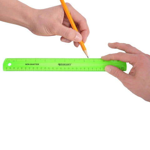 Shatterproof 12 Inch Ruler In Green With Crystal Clear Markings, Ultra Durable Plastic Measuring Tool For Home, School Or Office being used