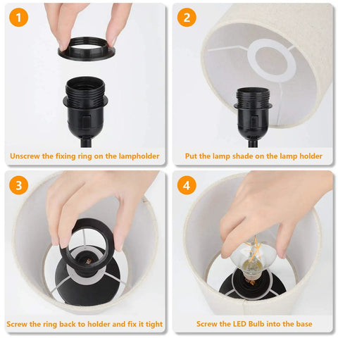 Assembly steps for Set Of 2 Touch Control 3 Way Dimmable Table Lamps With USB Ports And AC Outlet showing fixing ring, shade, LED bulb.