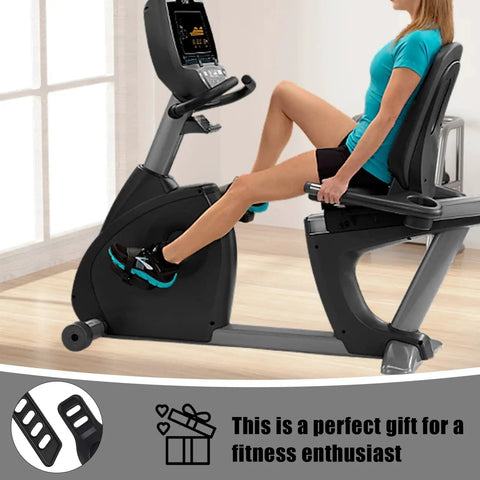 Woman using stationary bike with Adjustable Indoor Bike Pedal Straps Pair With Two Side Slots Universal Replacement Foot Straps