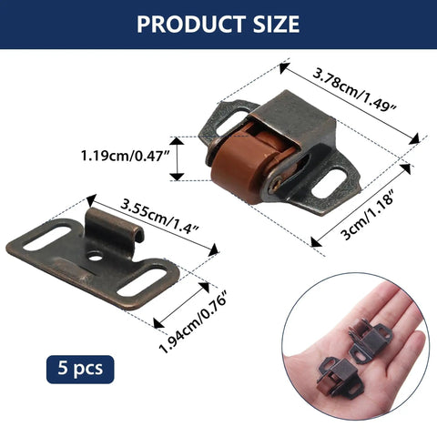 Product dimensions of 10 Pack Heavy Duty Roller Catch Cabinet Door Latch Set With Spring Loaded Mechanism, Replacement Hardware.