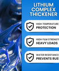 Close-up of blue lithium complex grease with benefits highlighting high temperature protection and heavy load handling.