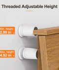 Threaded height adjustment on headboard stoppers, showing min height 2.99 in and max height 4.92 in for bed frame stability.