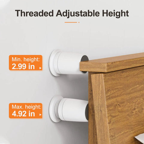 Threaded height adjustment on headboard stoppers, showing min height 2.99 in and max height 4.92 in for bed frame stability.