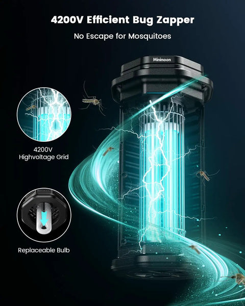 Outdoor Mosquito Zapper Electric Bug Killer 4200V with 15W UV light, shown with high voltage grid and replaceable bulb details.