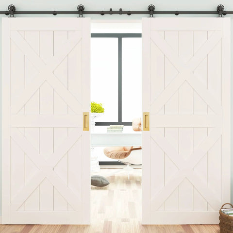 6 Inch Recessed Finger Pulls For Pocket Doors And Sliding Doors, Brushed Gold Stainless Steel Hardware shown on white barn doors
