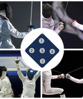 Wall Mounted Archery Style Fencing Target For Saber Foil And Epee Training With Five Bullseye Zones, shown in collage with fencers.