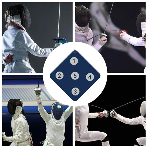 Wall Mounted Archery Style Fencing Target For Saber Foil And Epee Training With Five Bullseye Zones, shown in collage with fencers.