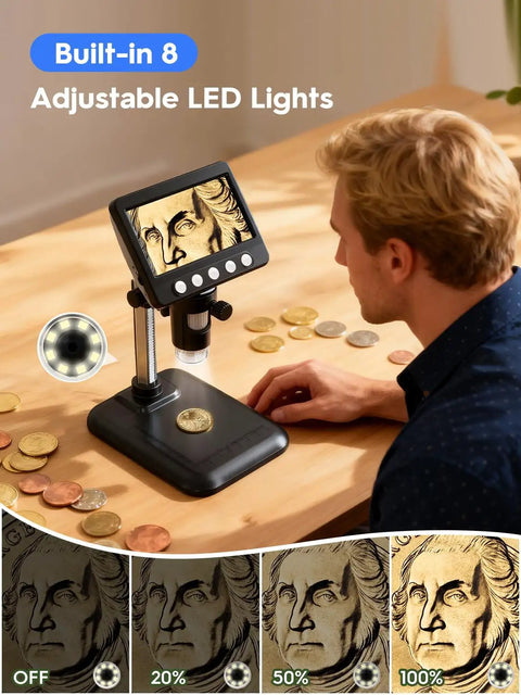 4 Point 3 Inch LCD USB Digital Coin Microscope With Screen 1080P HD Imaging Real Time Video 50X To 1000X Magnification Eye Friendly Viewing For Coins And Tiny Details, with 8 LED lights