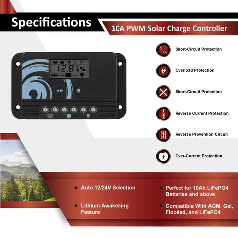 10A PWM charge controller for 100W 12V Solar Power Kit with short-circuit, overload, and reverse protection features.