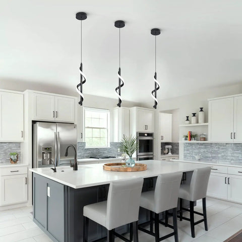 13W Modern Spiral LED Pendant Light Fixture 5500K Cold White in black, hanging over a kitchen island.