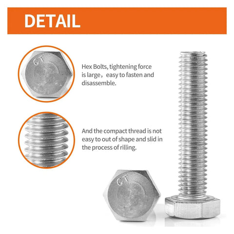 50 Pack M5 Hex Bolts Stainless Steel 304 Set With Bright Finish For Rust Proof Heavy Duty Fastening In Various Lengths From 1 To 2 Inches showing bolt details and threading.