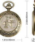 Bronze pocket watch showing "New York 1788 Gateway to Freedom" emblem, with dimensions 2.56in/65mm and 1.81in/46mm in diameter.
