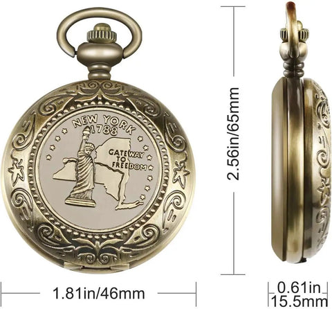 Bronze pocket watch showing "New York 1788 Gateway to Freedom" emblem, with dimensions 2.56in/65mm and 1.81in/46mm in diameter.