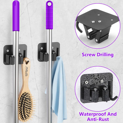 Stainless Steel Broom Holder With Four Grippers And Four Hooks Heavy Duty Wall Mount Organizer, waterproof and anti-rust design.