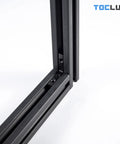 Built To Last Heavy Duty Black Inside Corner Brackets Kit For 20 Series Aluminum Extrusion, close-up on L shape connectors with screws