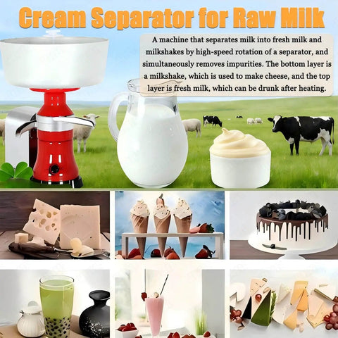 Electric Milk Cream Separator Workhorse With Centrifugal Design 80L Per Hour Capacity 12L Stainless Bowl 11000 RPM Copper Motor Pro Dairy Cream Maker pictured with dairy products and cows in the background.