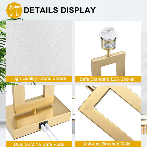 Set Of 2 22 Inch Touch Control Table Lamps With Dual USB Ports, 3-Way Dimming, gold base and fabric shade details