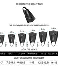 Size chart for unisex lightweight swim training fins with open heel design, silicone short blade flippers, sizes 4.5-15