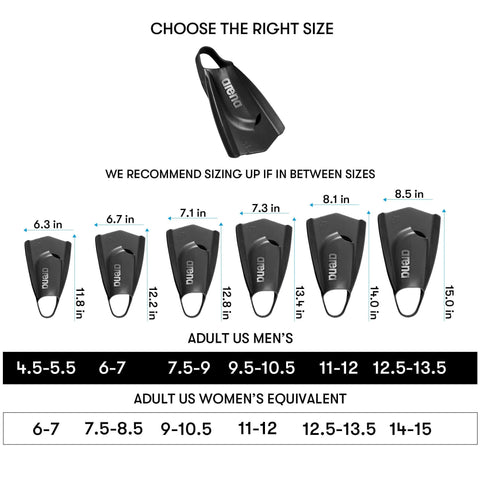 Size chart for unisex lightweight swim training fins with open heel design, silicone short blade flippers, sizes 4.5-15