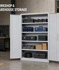 All Steel Tool Storage Cabinet With Adjustable Shelves For Garage And Workshop, Heavy Duty Metal Cabinet To Keep Tools, Hardware, And Supplies Neatly Organized In A Stable Enclosed Unit. Open steel cabinet with adjustable shelves in warehouse