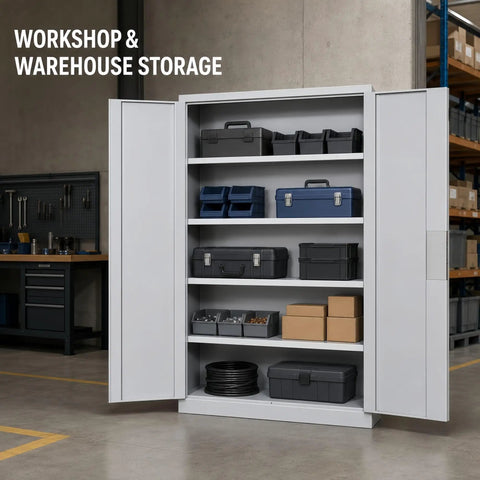 All Steel Tool Storage Cabinet With Adjustable Shelves For Garage And Workshop, Heavy Duty Metal Cabinet To Keep Tools, Hardware, And Supplies Neatly Organized In A Stable Enclosed Unit. Open steel cabinet with adjustable shelves in warehouse