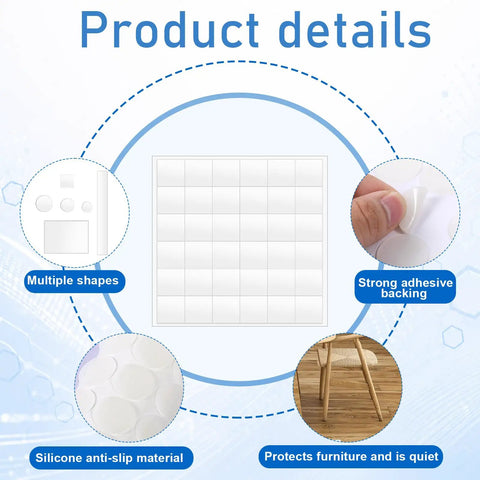 Product details of Anti Slip Silicone Pads For Glass Tables With 132 Pcs Adhesive Dots And Grippers Thin Under Glass Bumpers.