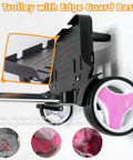 Foldable Aluminum Backpack Trolley Cart With Stair Climbing Wheels, edge guard base close-up, pink wheels, ground protection feature