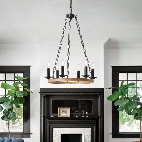 Six Light Farmhouse Chandelier With Rustic Industrial Wagon Wheel Design In Black, Distressed Metal Finish Ceiling Pendant