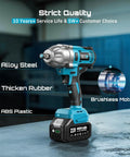 Half Inch Cordless Impact Wrench Beast With 21V Battery, 665 Ft-Lbs Loosening Torque, 3300 IPM, 2400 RPM, on a workbench