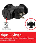 Heavy Duty Three Outlet Grounded T Shape Tap Adapter Black For In Wall Receptacles Lets You Power Three Devices From One Outlet