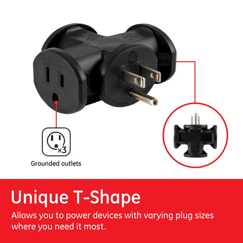 Heavy Duty Three Outlet Grounded T Shape Tap Adapter Black For In Wall Receptacles Lets You Power Three Devices From One Outlet