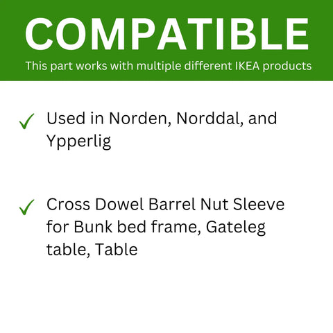 Compatibility details for Top Shelf Cross Dowel And Barrel Nut Sleeve Set Perfect Match For Furniture Assembly M6 Hardware.
