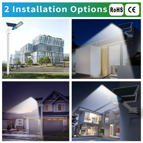 Two Pack 200W Solar Street Light With Motion Sensor Crazy Bright 192 LED Flood Light illuminating various outdoor areas