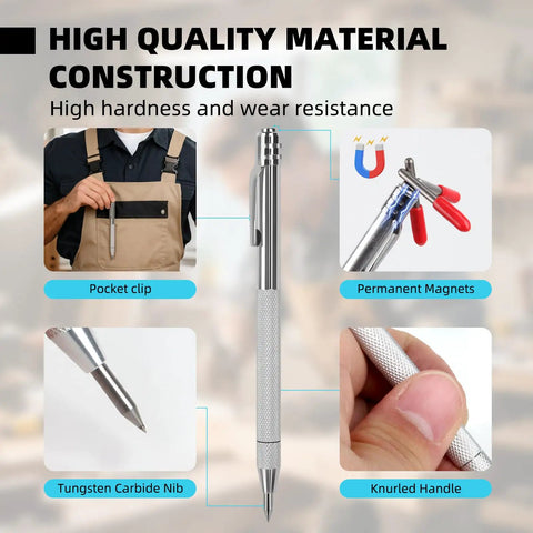 Tough As Nails Tungsten Carbide Scribe Pen With Knurled Aluminum Handle, featuring a tungsten carbide nib and pocket clip.