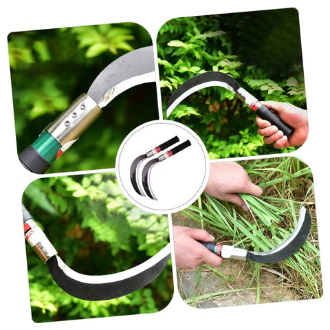Collage of Two Pack Short Handle Weeding Sickle Tools Manganese Steel Garden Grass Cutter Set for Easy Weeding Harvesting.