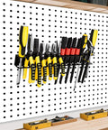 Heavy Duty Wall Mount Screwdrivers And Pliers Organizer Rack For Garage Workshop And Tool Chest Built From Rugged Steel Construction Space Saving Tool Holder For Full Size Screwdrivers And Pliers mounted on wall with tools.