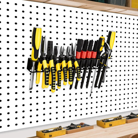 Heavy Duty Wall Mount Screwdrivers And Pliers Organizer Rack For Garage Workshop And Tool Chest Built From Rugged Steel Construction Space Saving Tool Holder For Full Size Screwdrivers And Pliers mounted on wall with tools.