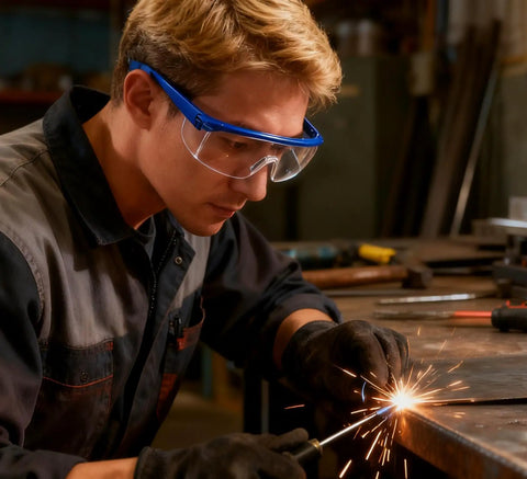 Worker using welding tool while wearing Clear Anti Fog Safety Specs With Protective Goggles For Industrial Use 4 Pack.