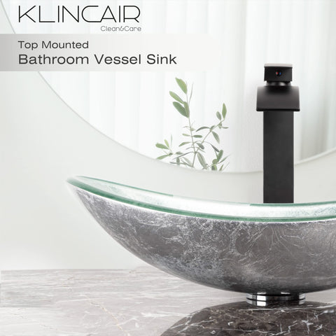 Artistic Tempered Glass Vessel Sink Set With Above Counter Design Round Modern Bowl Matte Black Waterfall Faucet