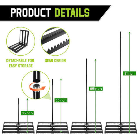 Diagram of Pro Grade Heavy Duty Lawn Leveling Rake With Adjustable Length 16 To 77 Inches Stainless Steel Ground Soil Spreader