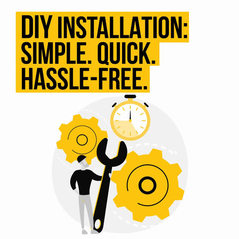 Illustration of DIY installation concept with gears, a wrench, and a clock, emphasizing simple, quick, hassle-free process.