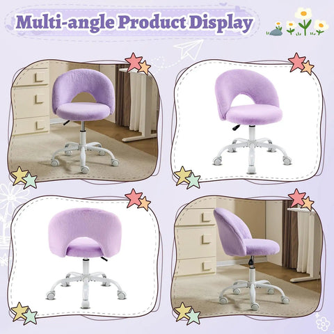 Cute Mini Vanity Chair With Faux Fur Wheels, Adjustable Height Armless Office Desk Stool, 360 Degree Swivel, Purple