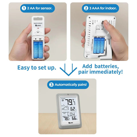 All In One Indoor And Outdoor Weather Station With Wireless Thermometer And Hygrometer, Battery Powered, showing battery setup and display.