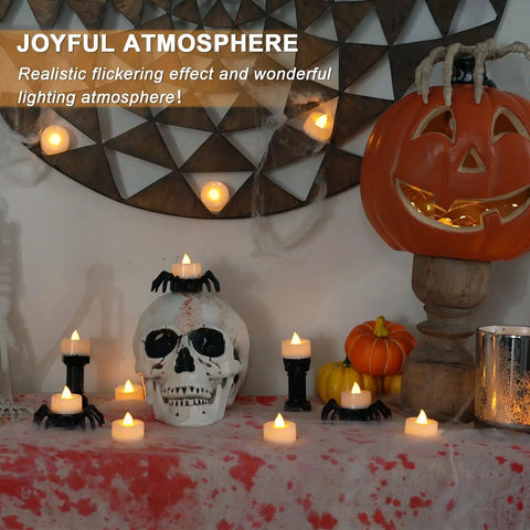 100 Pack Flameless LED Tea Light Candles Bulk With Long Lasting Battery on Halloween decor with skull and pumpkins