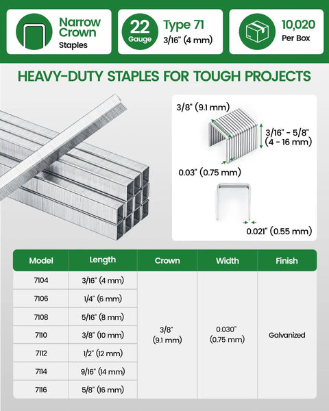 Workhorse 22 Gauge Galvanized Upholstery Staples With 3/8 Inch Crown And 3/16 Inch Leg Bulk Box Of 10020 Count stacked for tough projects.