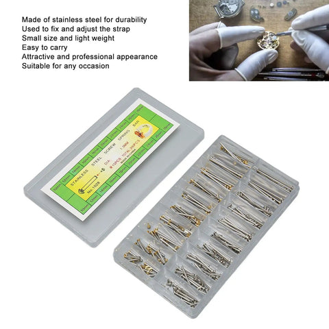 200 Pcs Watch Screw Tube Kit With 10 Sizes 1.3mm Width, gold and silver watch band pins set in storage box