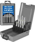 8-Piece Carbide Burr Set With One Quarter Inch Shank In Gray Box Head Diameters 6mm 10mm And 12mm
